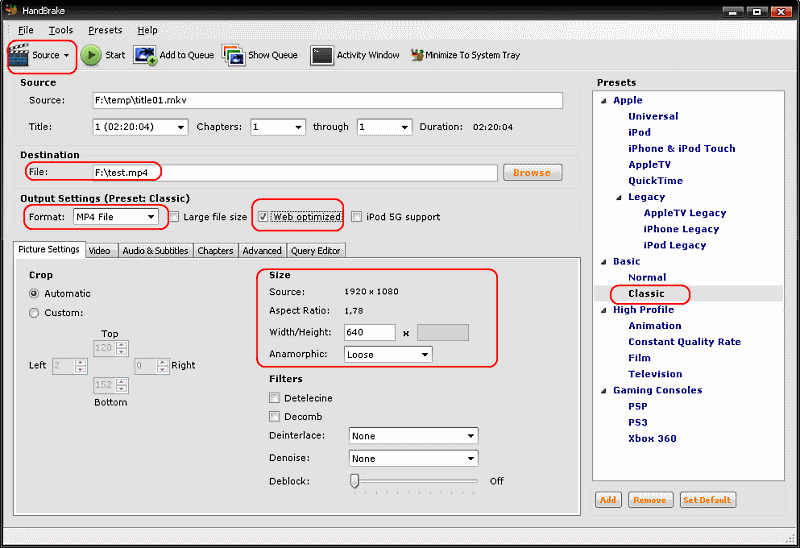 handbrake video converter display width