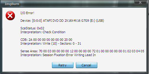 write data error on power cdg burner 2